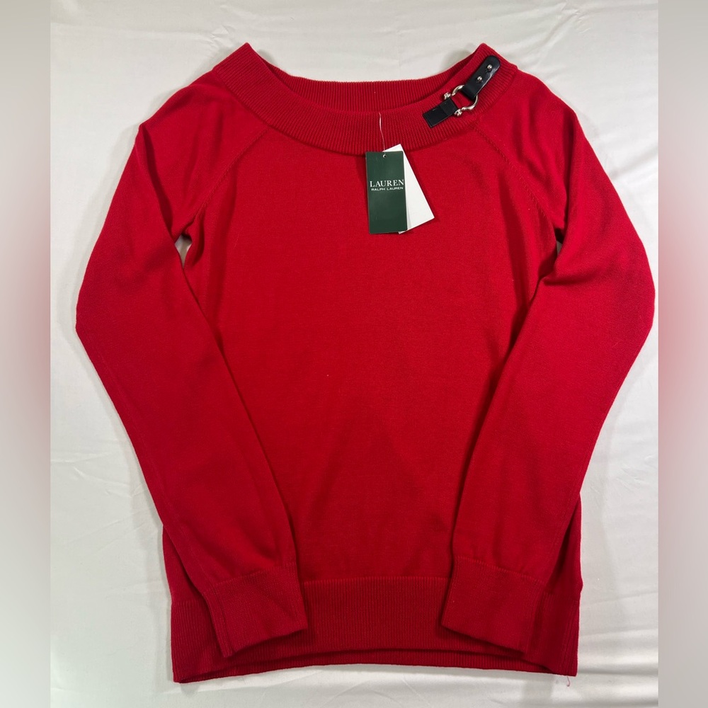 Lauren Ralph Lauren Women's Red Cotton Buckle Neck Long Sleeve Sweater.